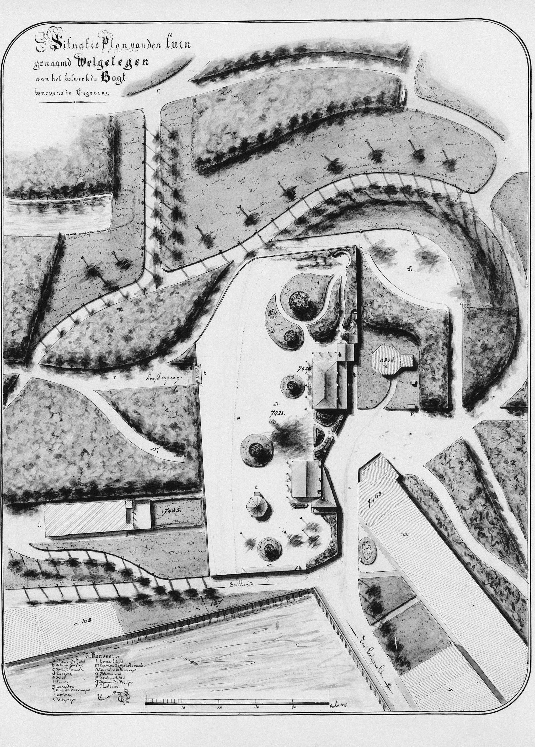 Hand-drawn plan of a garden with paths, lawns and planting beds